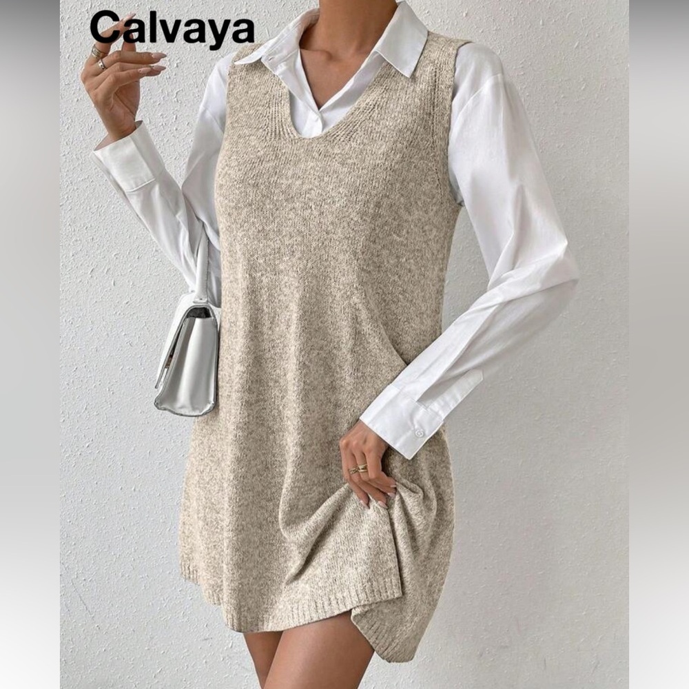 SHEIN V-Neck Oatmeal Heathered Knit Sleeveless A-line Preppy Mini Sweater Dress